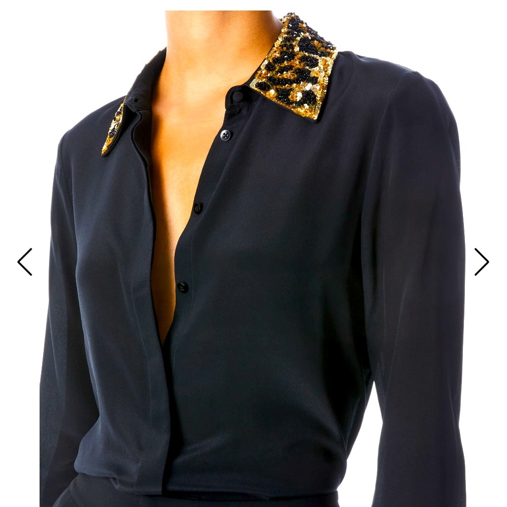 Alice + Olivia Black Blouse with Gold Sequin Leopard Collar